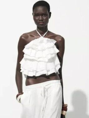 Zara White Halter Eyelet Ruffle Top, Size Medium, NWT